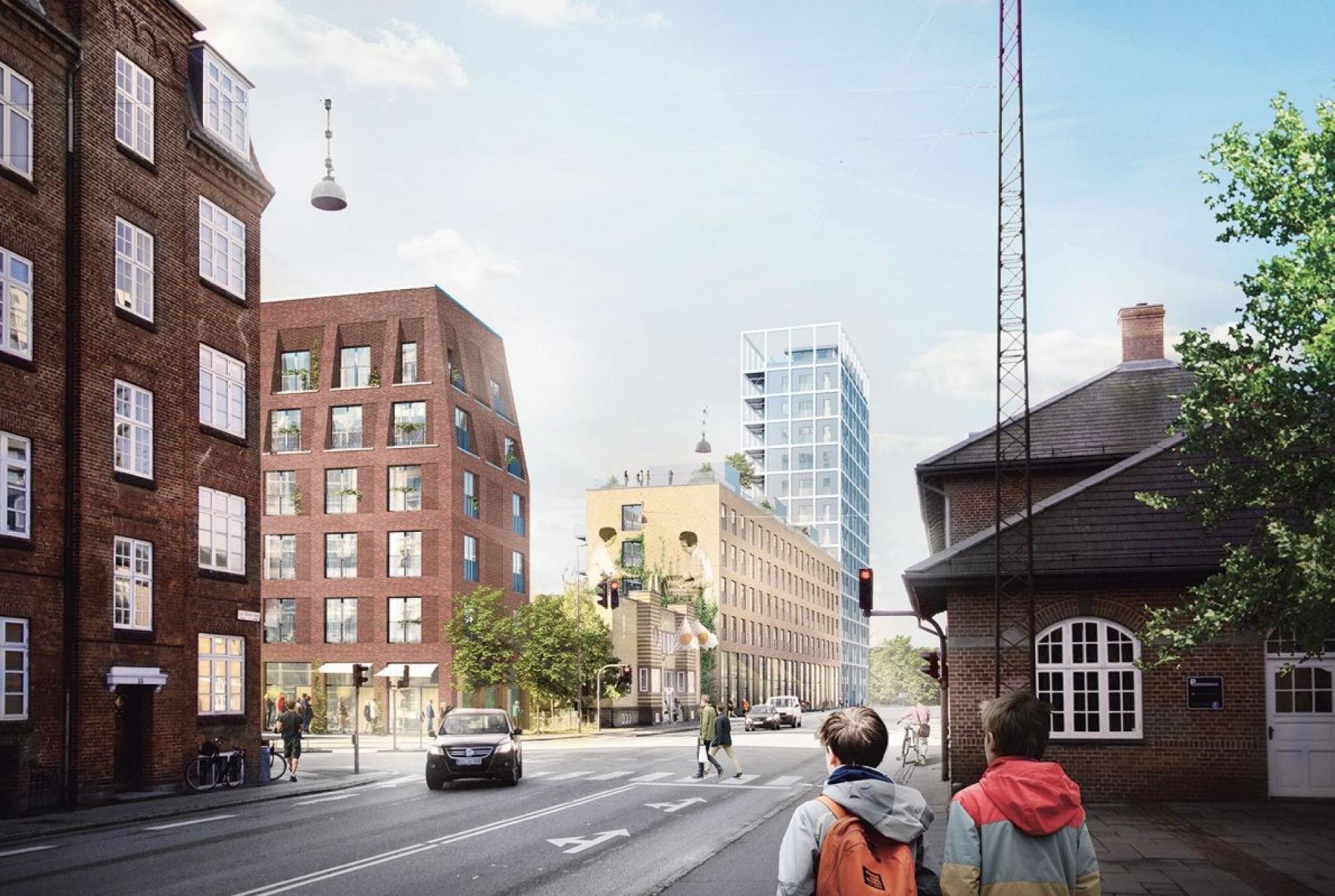 Godsbaneområdet set fra nord. Æggepakkende damer på husgavlen minder om fortiden. Visualisering: Sleth og Dimension.