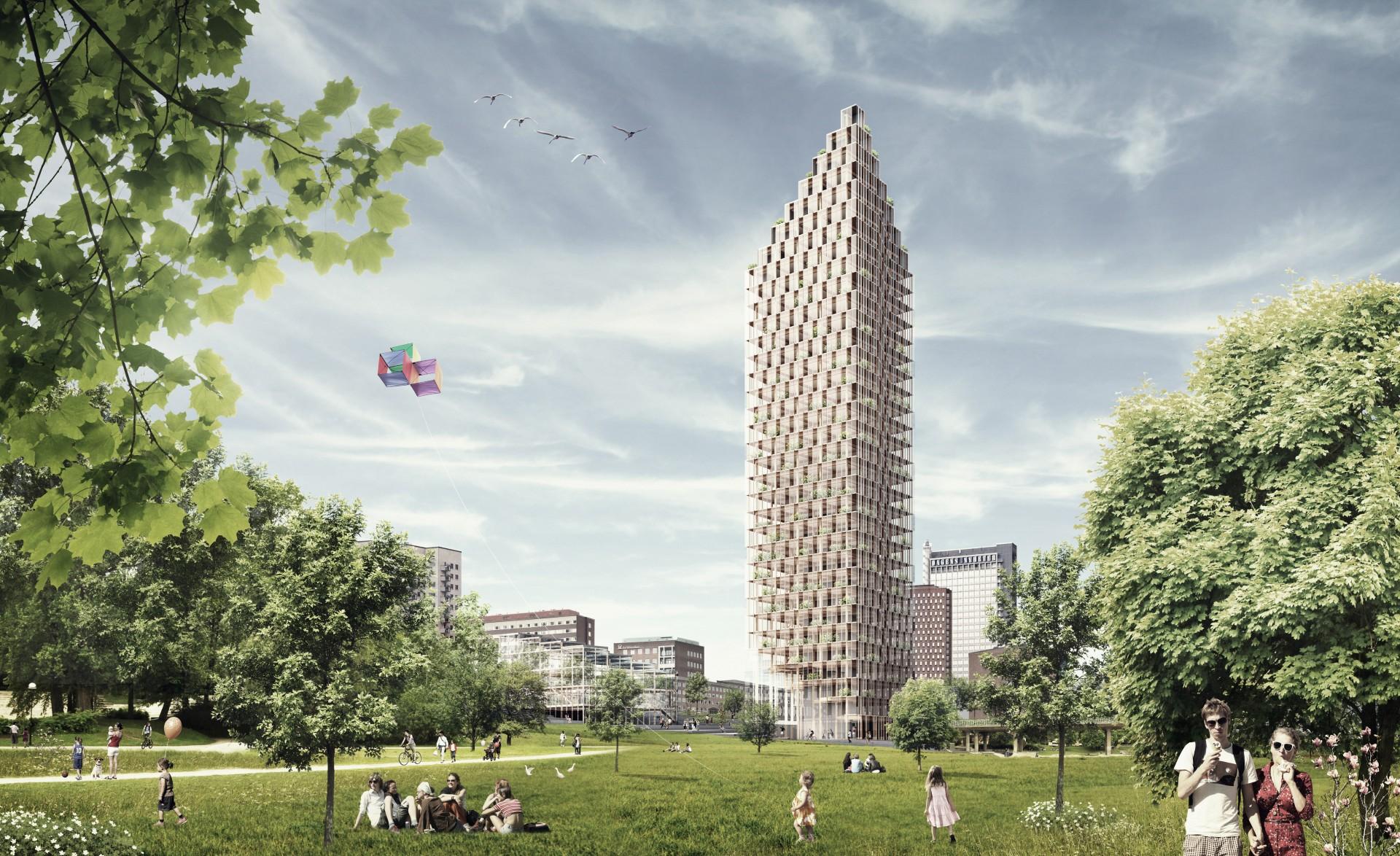HSB-tårnet i Stockholm er et af verdens højeste bygninger i træ. Foreløbigt er det kun på idéstadiet men kan ende som realitet i 2023. Visualisering: C.F. Møller Architects.