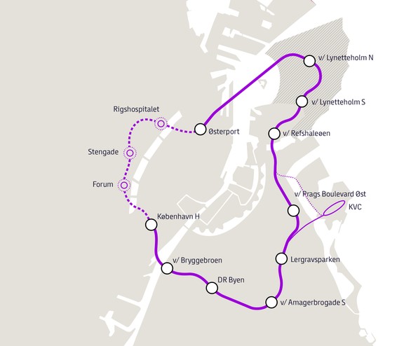 Kort over den (måske) kommende M5 metrolinje med nye stationer ved f.eks. Lynetteholm S og N.
