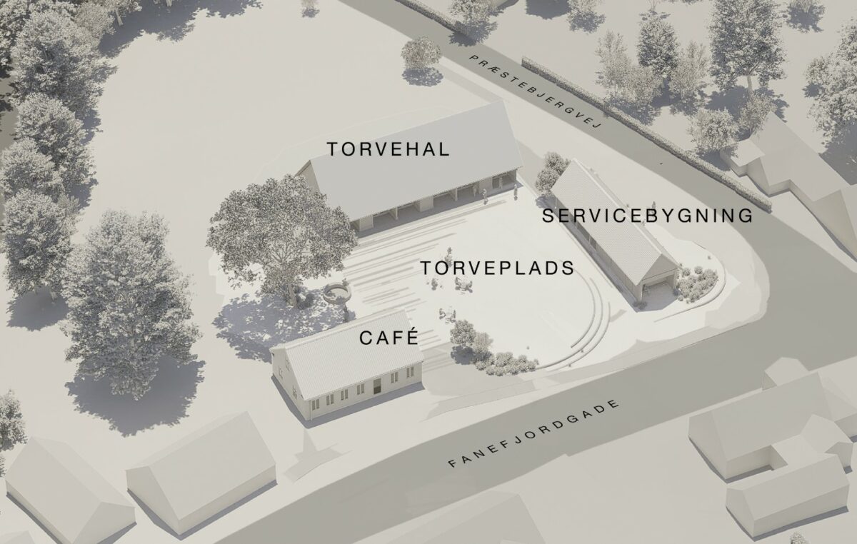 Oversigtsillustration hvor man ser cafe, torvehal og servicebygning der omkranser den kommende torveplads.