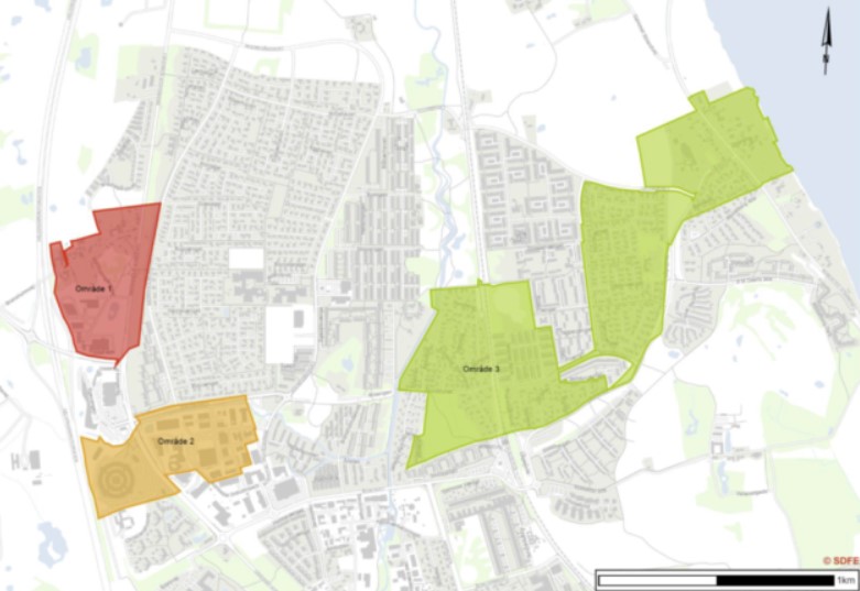 Kort over dele af Kokkedal med bolig- og industriområder markeret med hhv. rød, orange og grøn