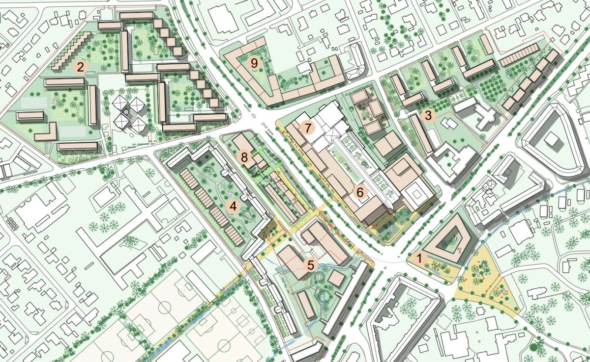 Kortoversigt over Viby. Interessante lokationer er mærket med sorte tal i rosa cirkler. Dem er der 9 af