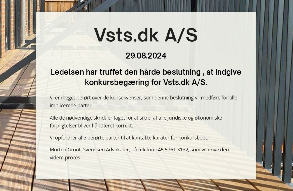 Screenshot fra vsts.dks hjemmeside, hvor der står, at ledelsen har indgivet konkursbegæring.