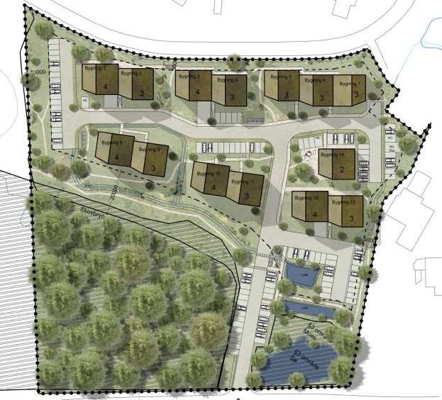 Oversigtsillustration der viser boligblokke 2 og 2 sat sammen - en enkelt er sat sammen med 3 - en står alene. I forgrunden en skov. I nederste højre hjørne nogle små vandhuller