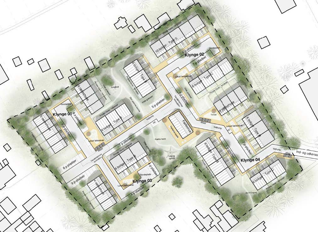 Tegning af et boligområde set oppefra. Boligerne er opført i 4 klynger med veje, parkeringspladser og grønt mellem boligerne