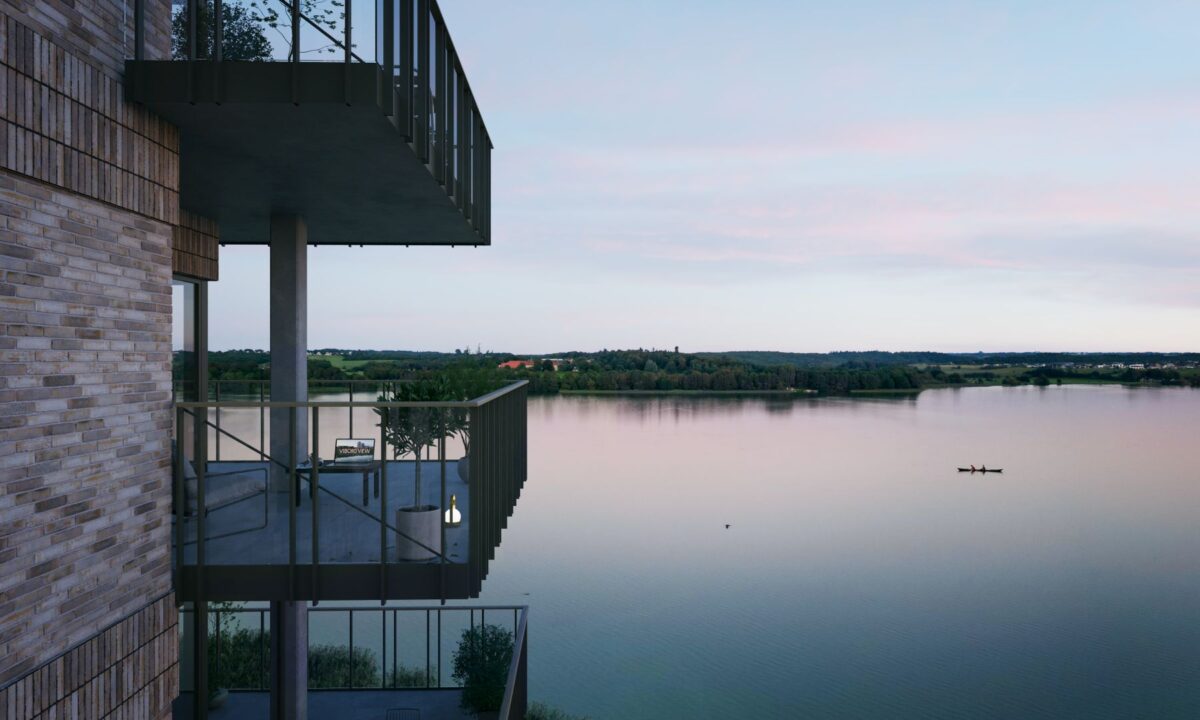 Visualisering af siden af et murstenshus med store altaner og udsigt over Søndersø