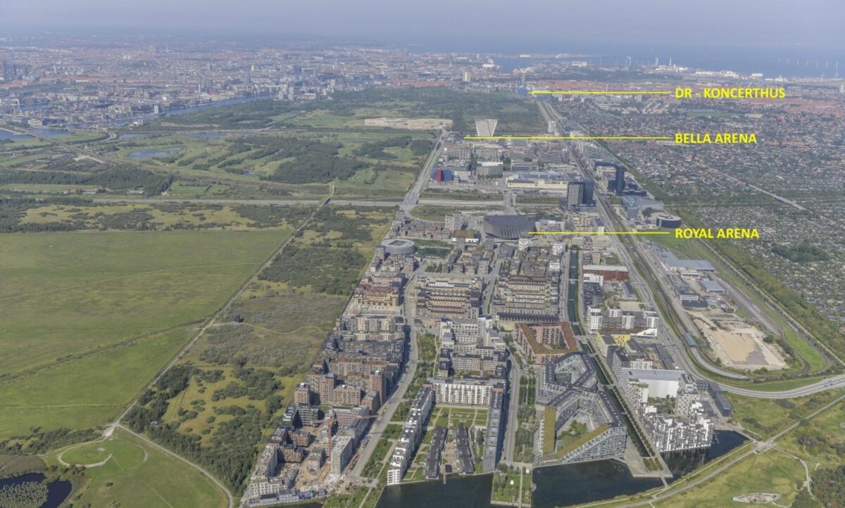 Foto af ørestad. Markeret er Royal Arena, Bella Arena og DR's koncerthus