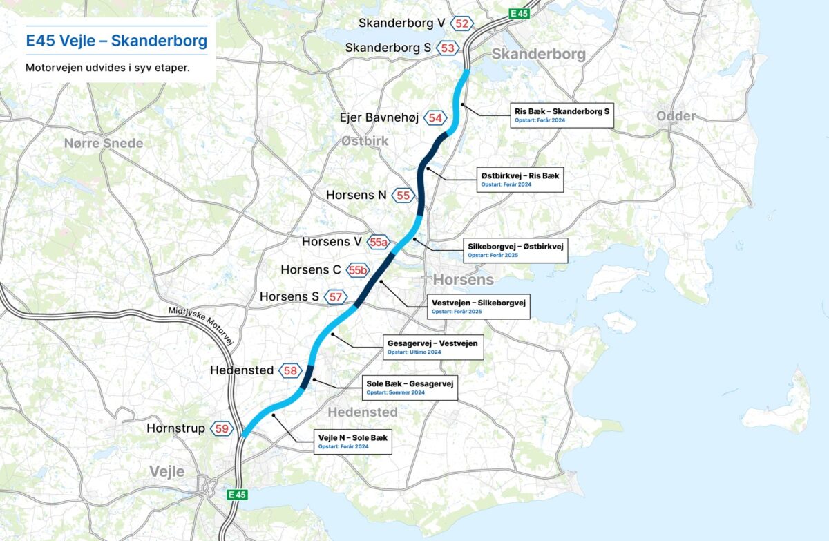 Kort over motorvejsudvidelsen mellem Aarhus og Hedensted