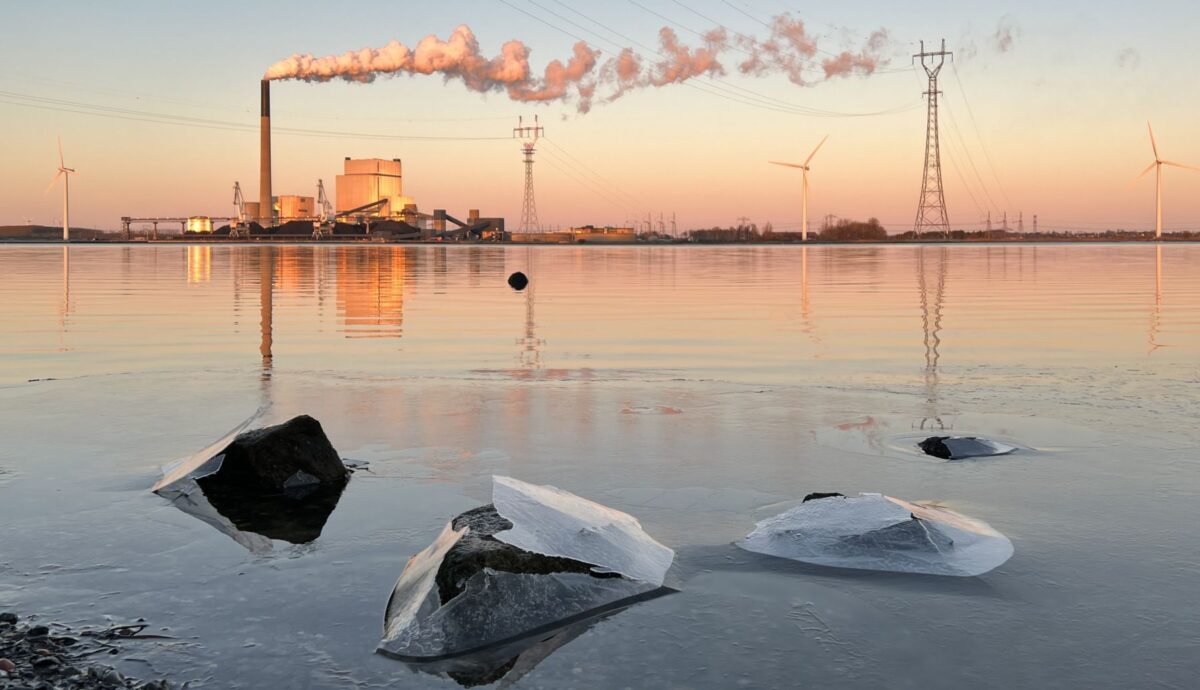 Foto af limfjorden i frostvejr. Stenen i forgrunden er dækket af is. I baggrunden på den anden kyst ses en høj skorsten med en lang røgfane samt lidt industribygninger