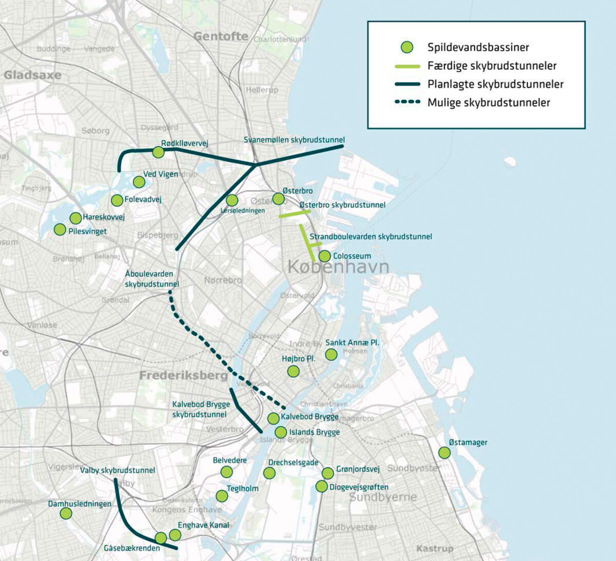 Kort over planlagte underjordiske bassiner i København