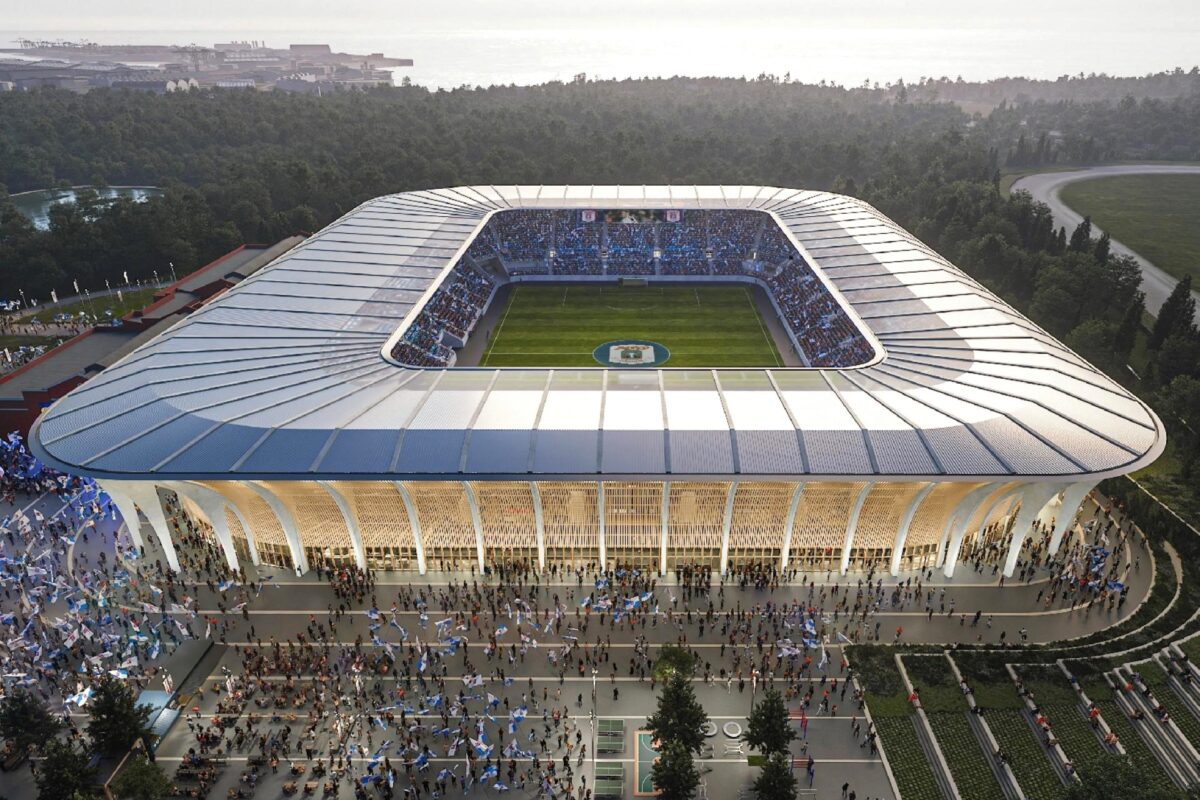 Visualisering af Aarhus Stadion, set fra luften.