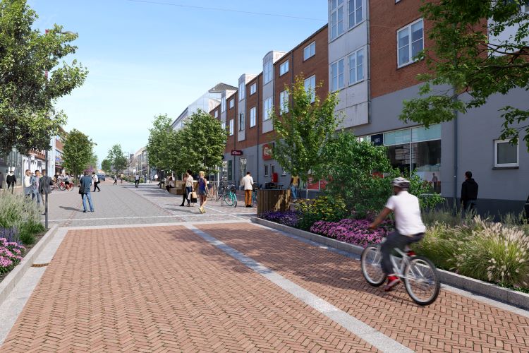 visualisering af cyklister der kører ned ad en gade med rød belægning. Længere fremme slutter den røde belægning. Der er grønne planter i bede ude til højre