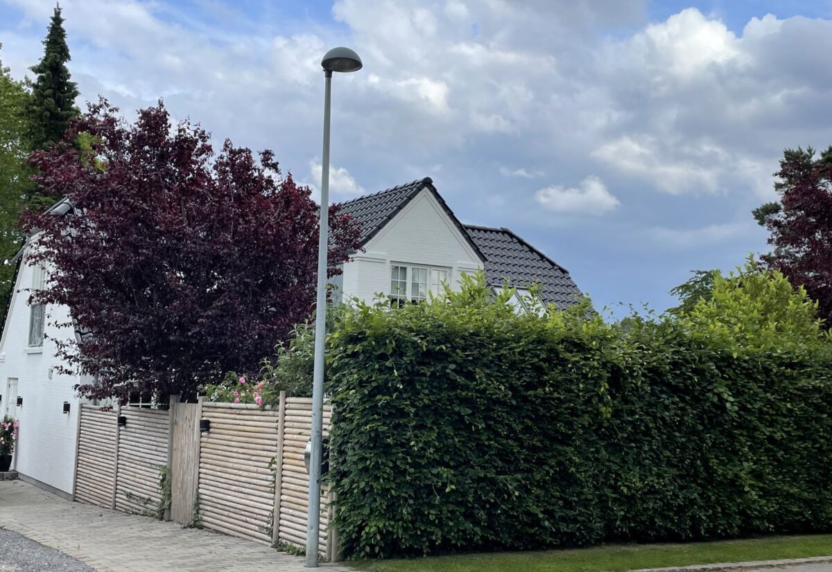 Hvid villa gemt bag et hegn og en hæk.