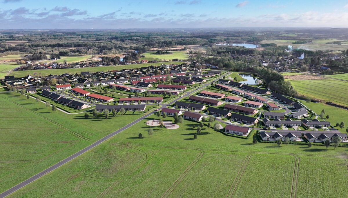Visualisering af boligområde med forskellige typer huse omgivet af marker
