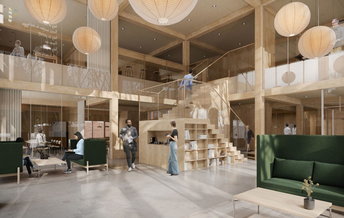 Visualisering af en lys foyer med træ på både etagedæk, bærende bjælker og alle flader