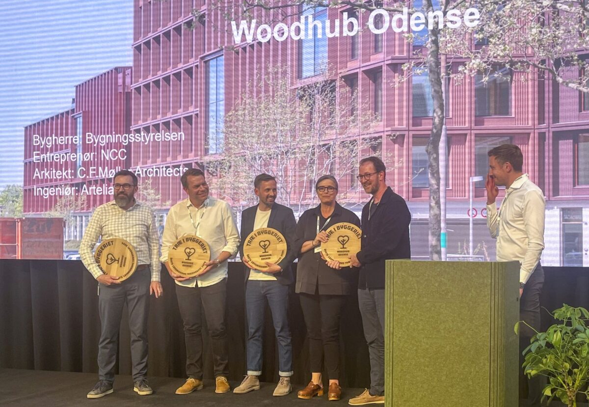 Foto af fem mennesker med træplaketter i hænderne foran et foto af WoodHub odense, der her ser helt lyserødt ud
