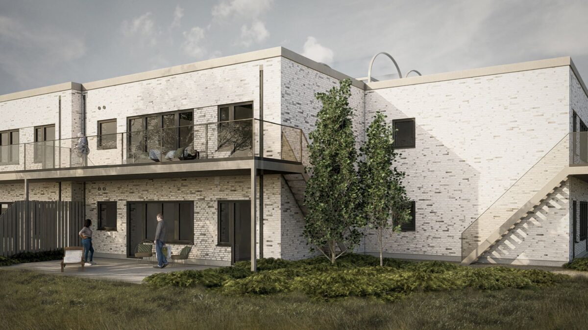 Visualisering af hvide bygninger med grønt i forgrunden