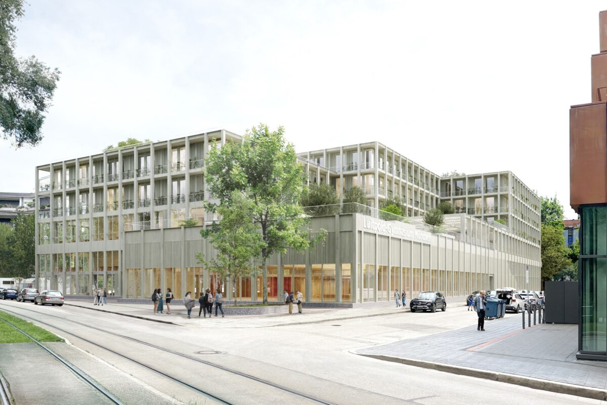 Visualisering af kommende træskole set udefra.
