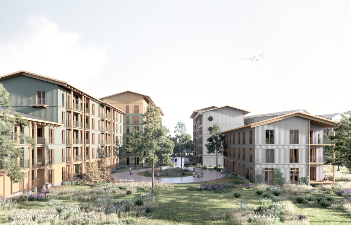 Grønt areal med bygninger på hver sin side