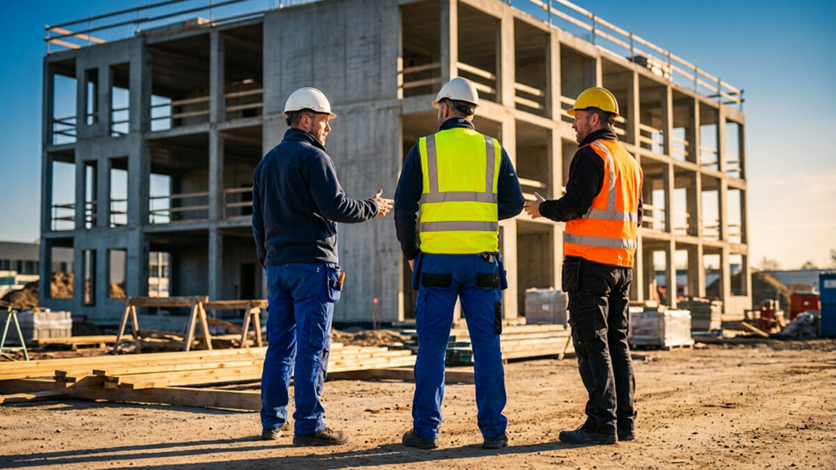 Tre personer på byggeplads